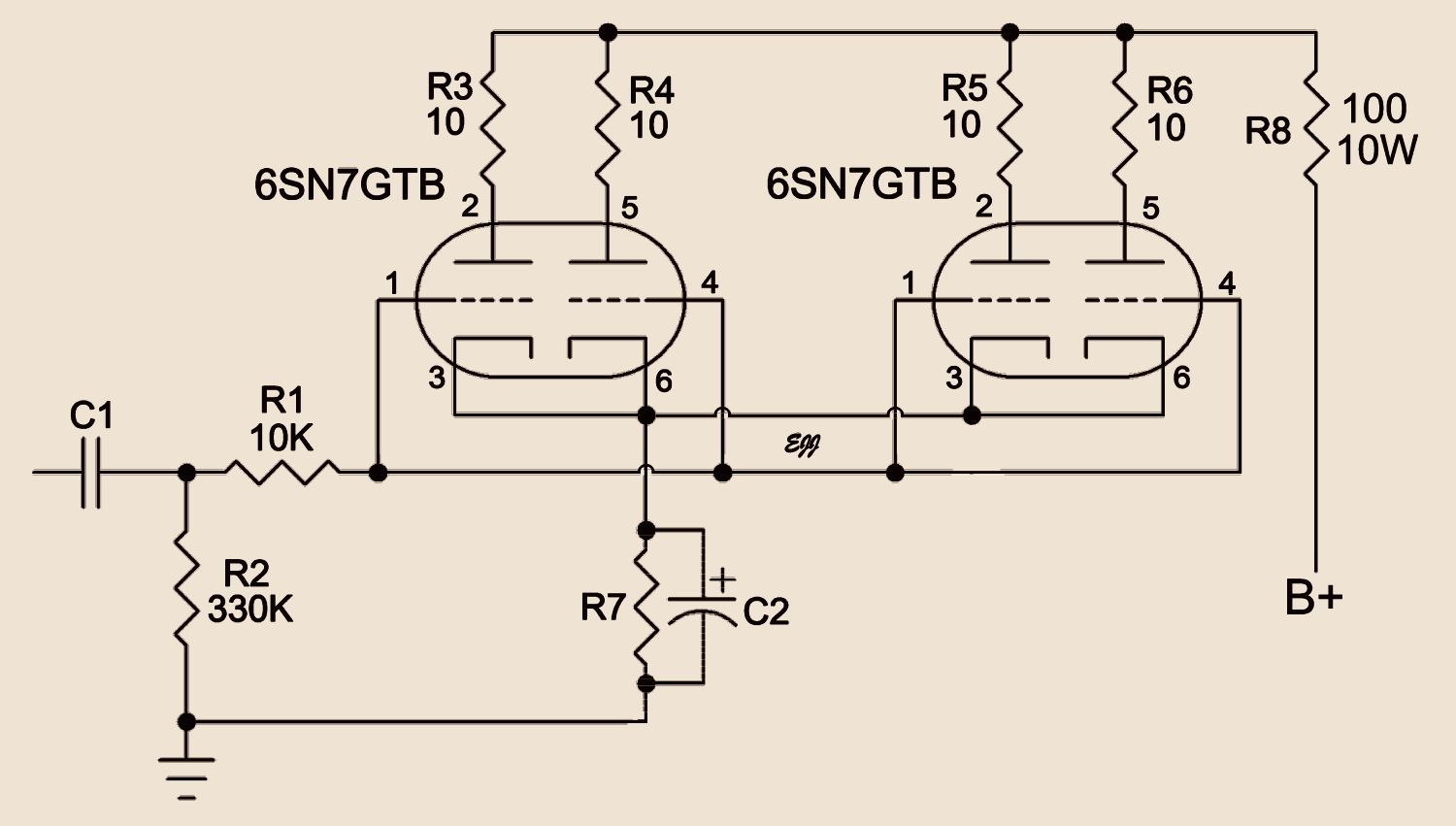 Four-watt per channel amplifier using 6SN7s as output tubes