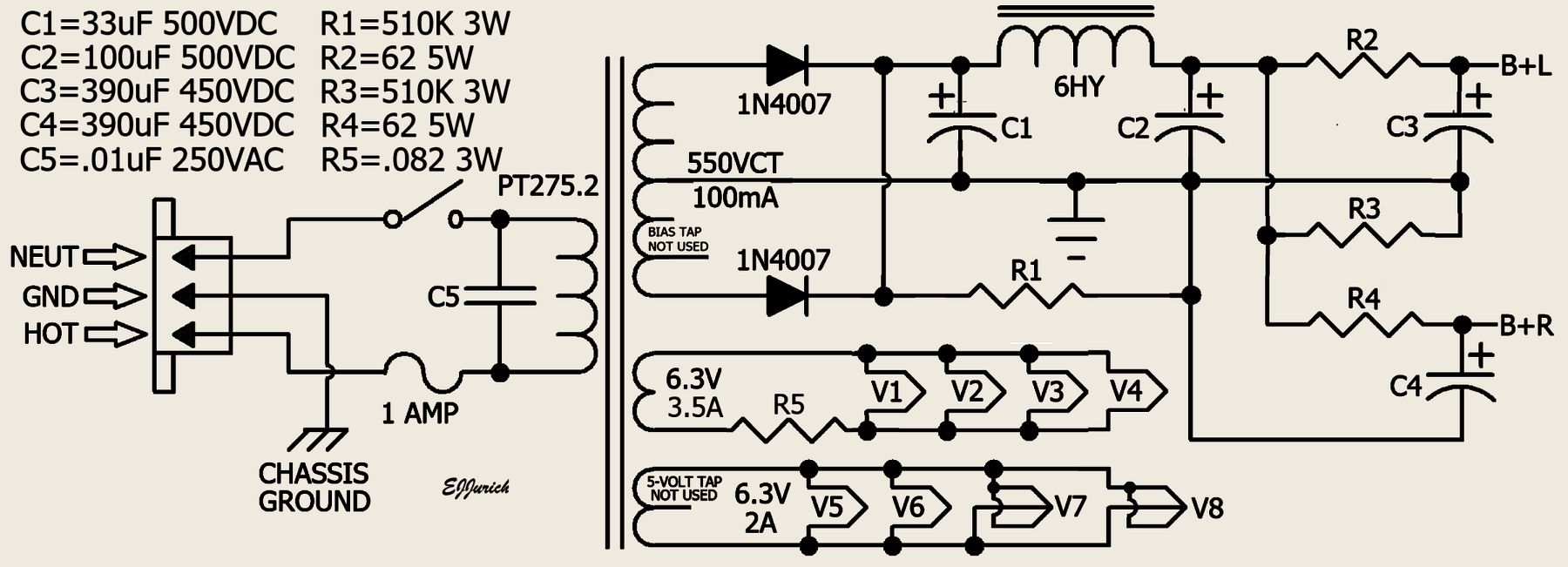 Four-watt per channel amplifier using 6SN7s as output tubes