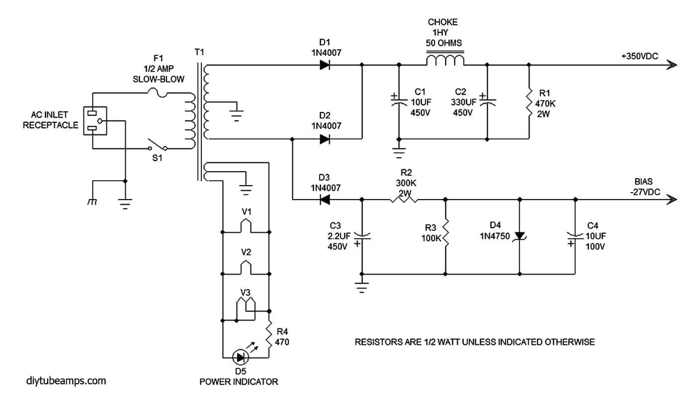 low power 1/2 watt 6SN7 headphone amplifier circuit